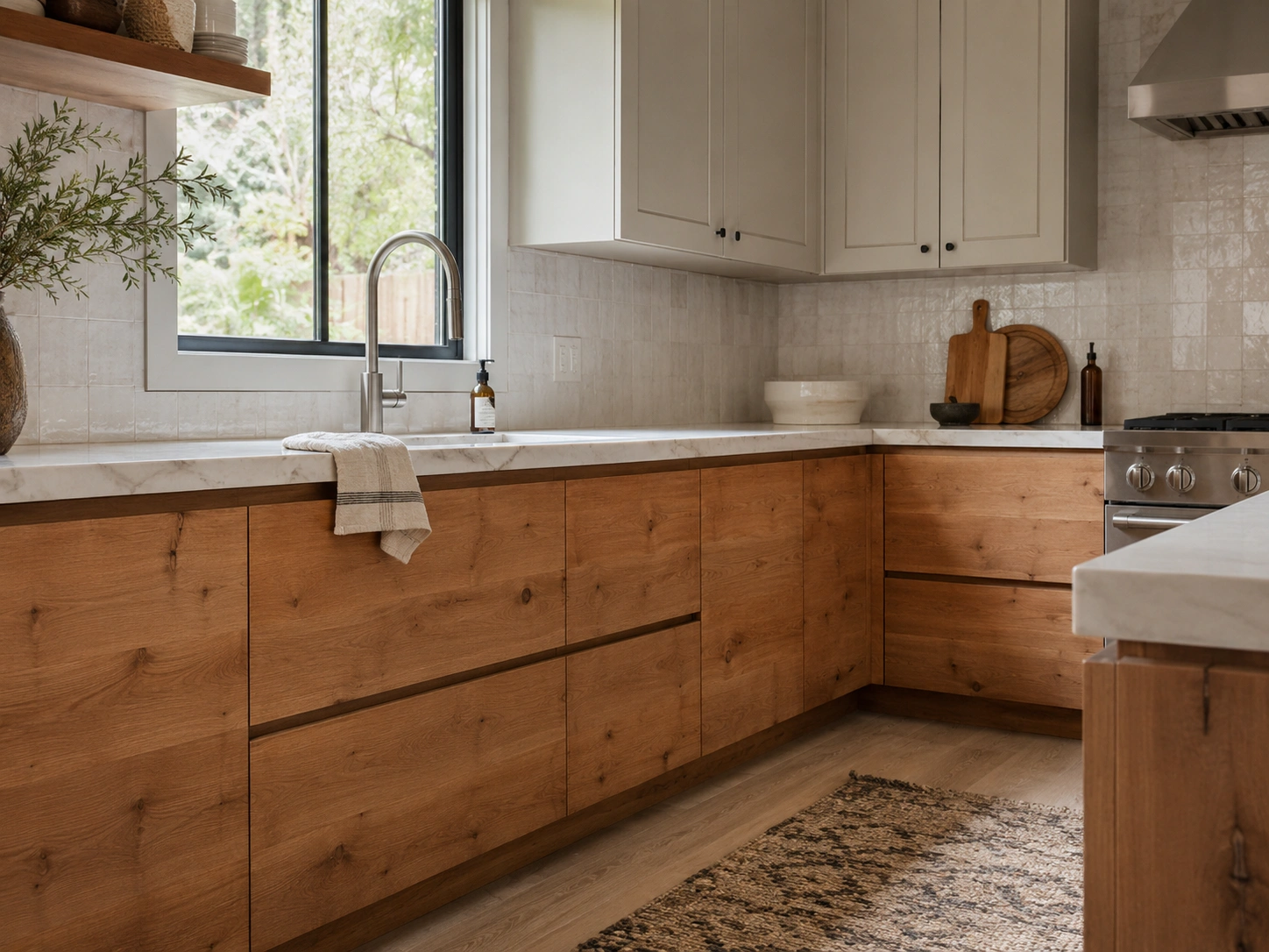 Slab-front alder lower cabinets with quiet wood grain, cream uppers, marble counters, and soft tile backsplash.