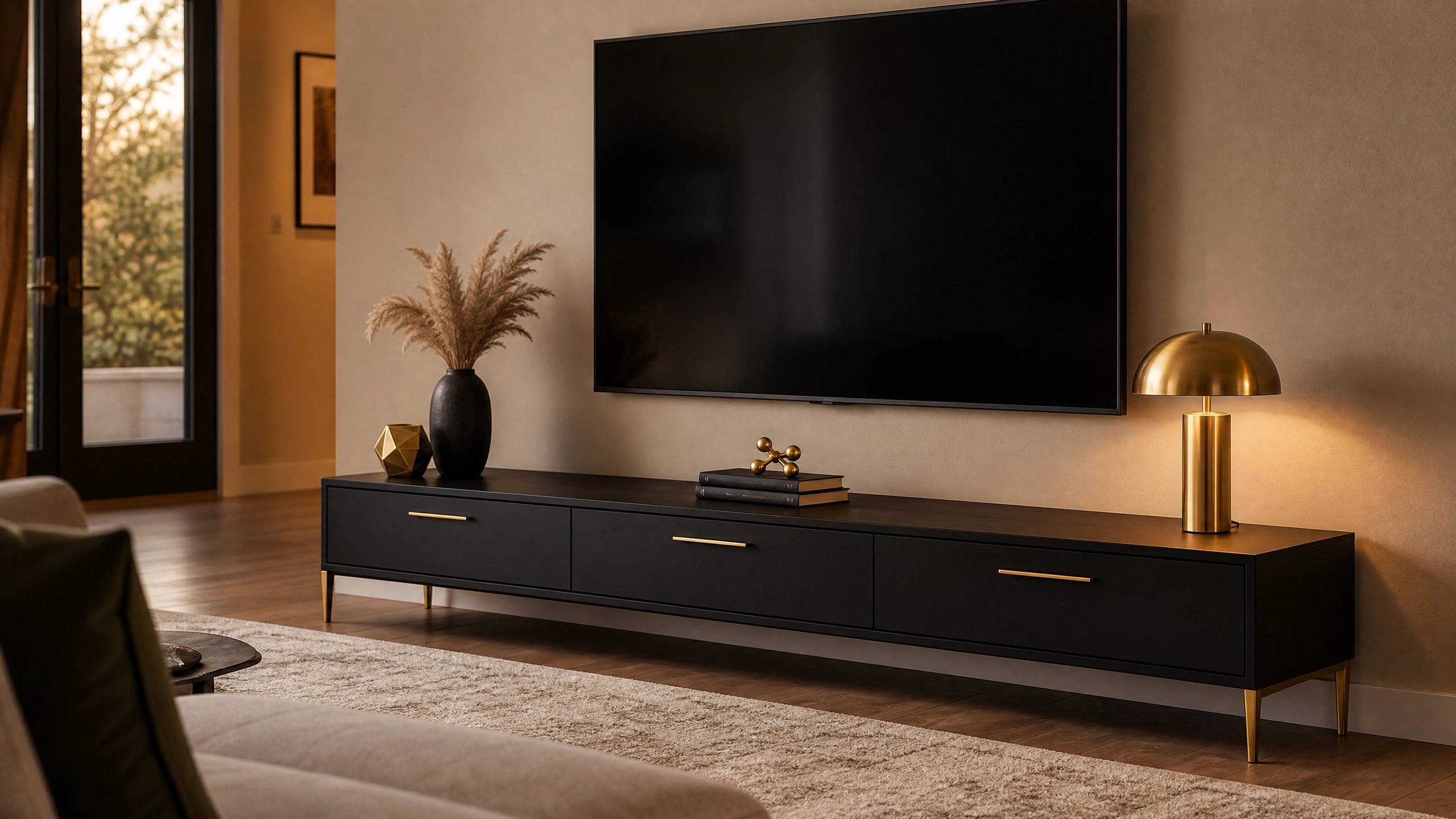 Sleek black TV console with gold hardware styled under a wall-mounted TV in a modern living room.