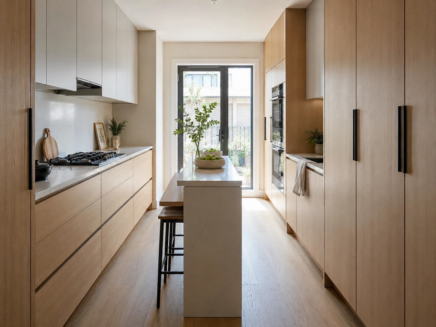 Slim 24-inch-deep island in a narrow galley kitchen with light wood cabinets and bench seating
