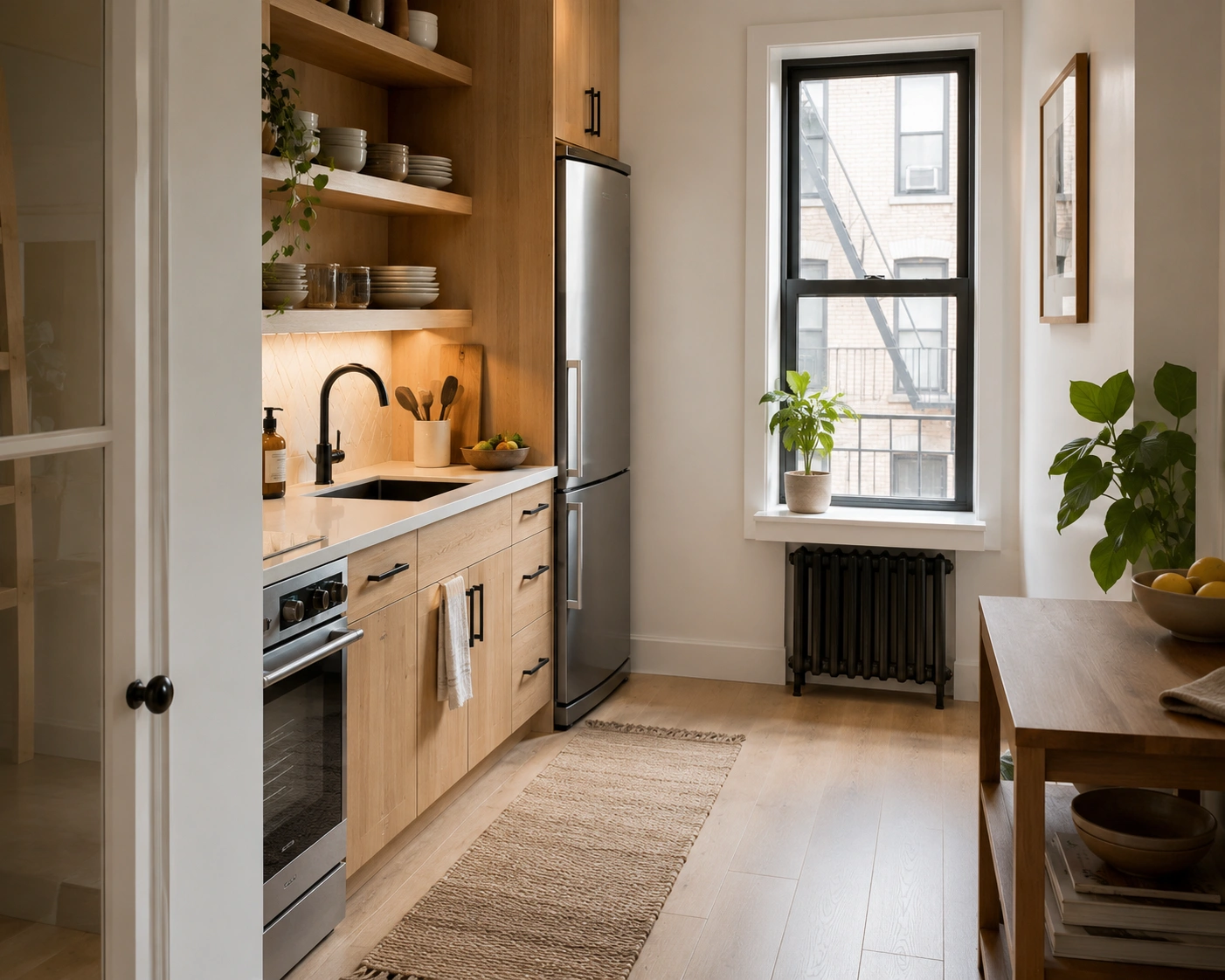 Small galley kitchen with a slim-depth compact fridge beside light wood cabinets.