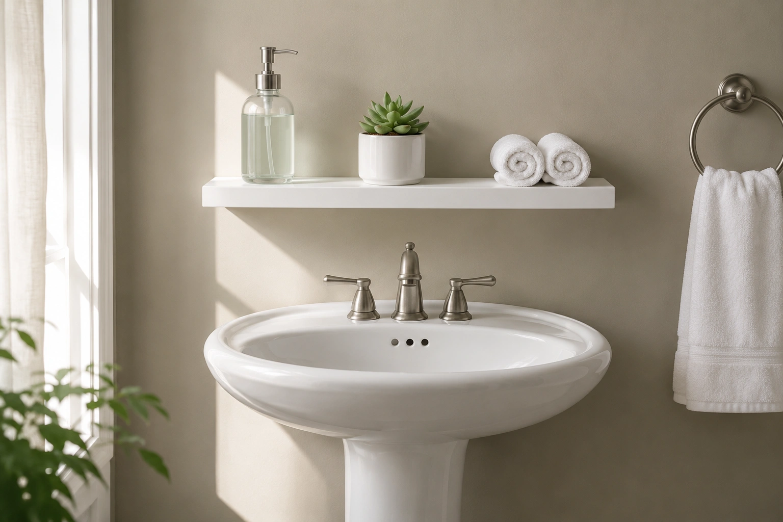Slim white floating shelf over a pedestal sink with soap dispenser, succulent, and rolled towels.