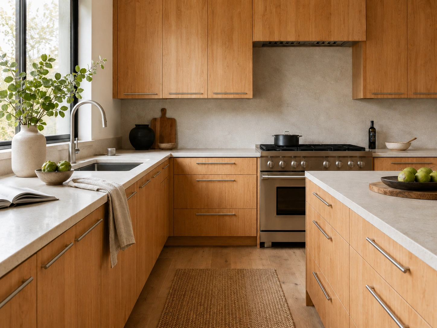 Alder kitchen cabinets with slim linear pulls, stone countertops, and a warm modern wood finish.