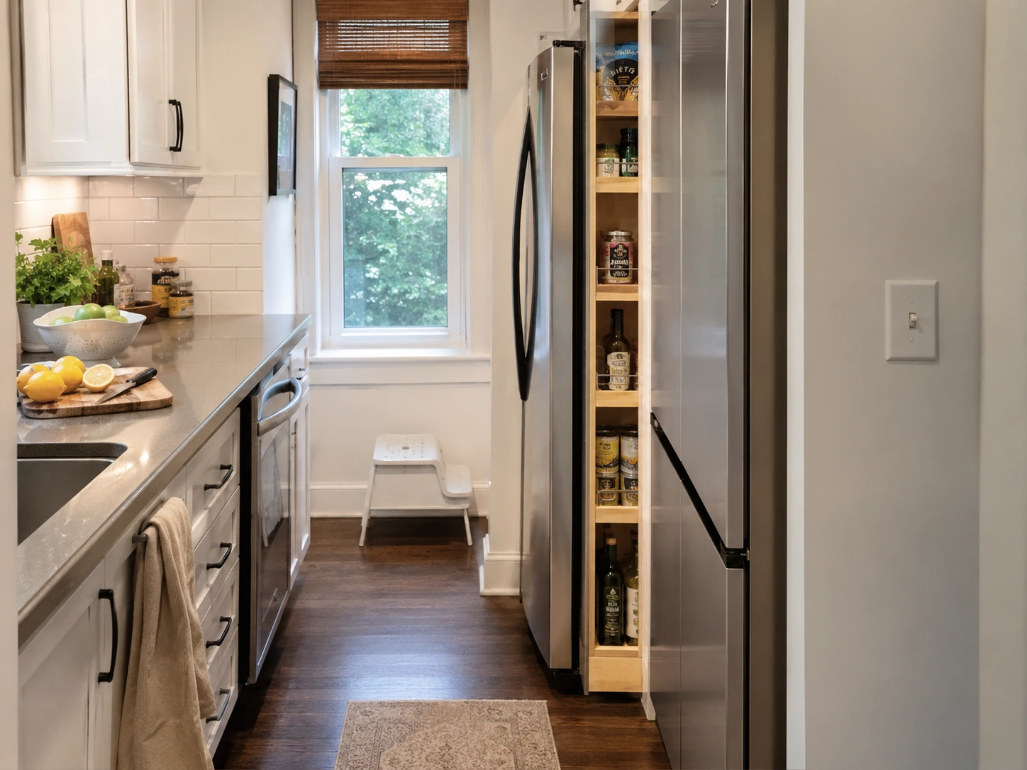 Slim pull-out pantry beside a stainless steel fridge in a narrow white kitchen.