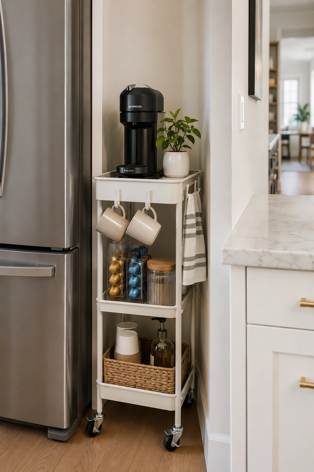 Slim white utility cart coffee station beside a fridge in a narrow kitchen spot.