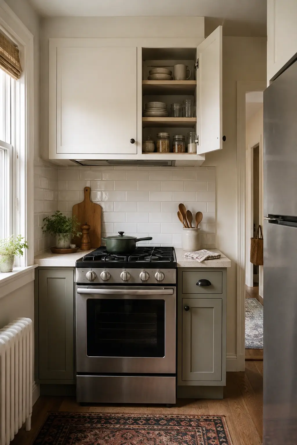Slim vent hood tucked into a floating cabinet box, creating built-in storage above a small kitchen range.