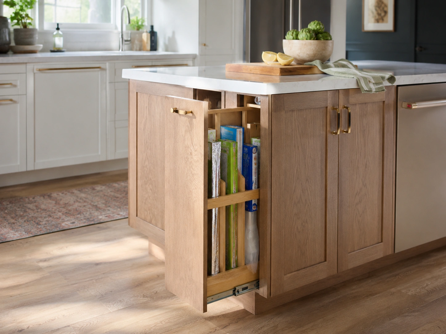 Slim vertical pull-out cabinet in a kitchen island storing wrap, foil, and parchment beside wood doors.