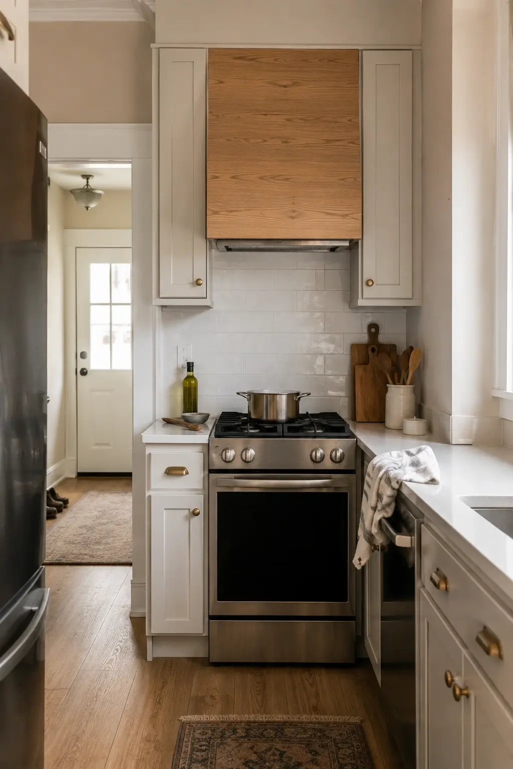 Slim wood range hood over a narrow stove in a white galley kitchen with subway tile backsplash.