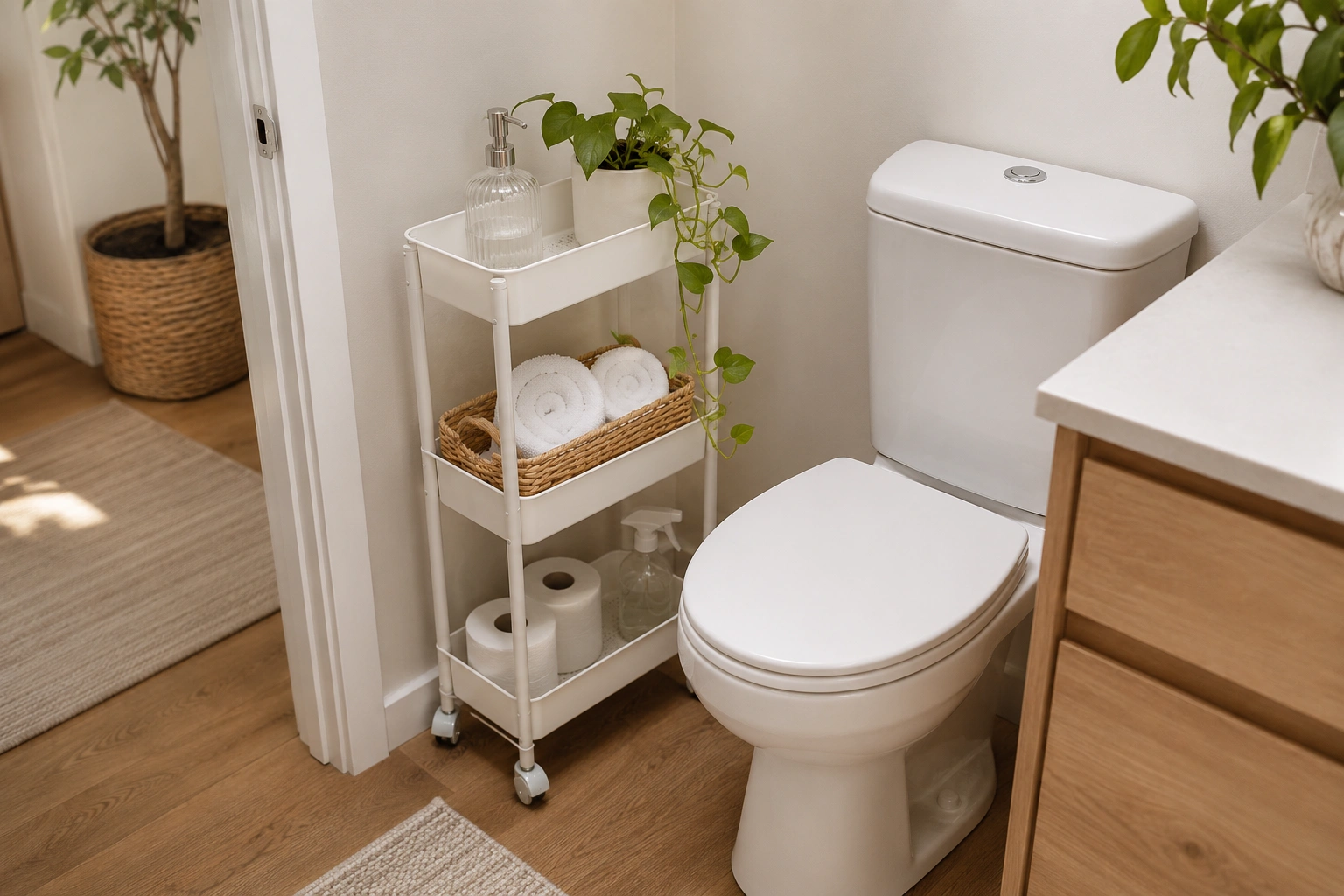 Slim white rolling cart used as a movable bathroom shelf station beside a toilet with towels, plants and supplies.