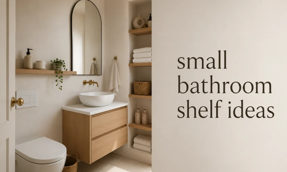 Small bathroom with open wood shelves, towels, baskets, and wall storage for tiny-space shelf ideas.