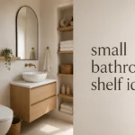 Small bathroom with open wood shelves, towels, baskets, and wall storage for tiny-space shelf ideas.
