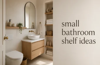 Small bathroom with open wood shelves, towels, baskets, and wall storage for tiny-space shelf ideas.