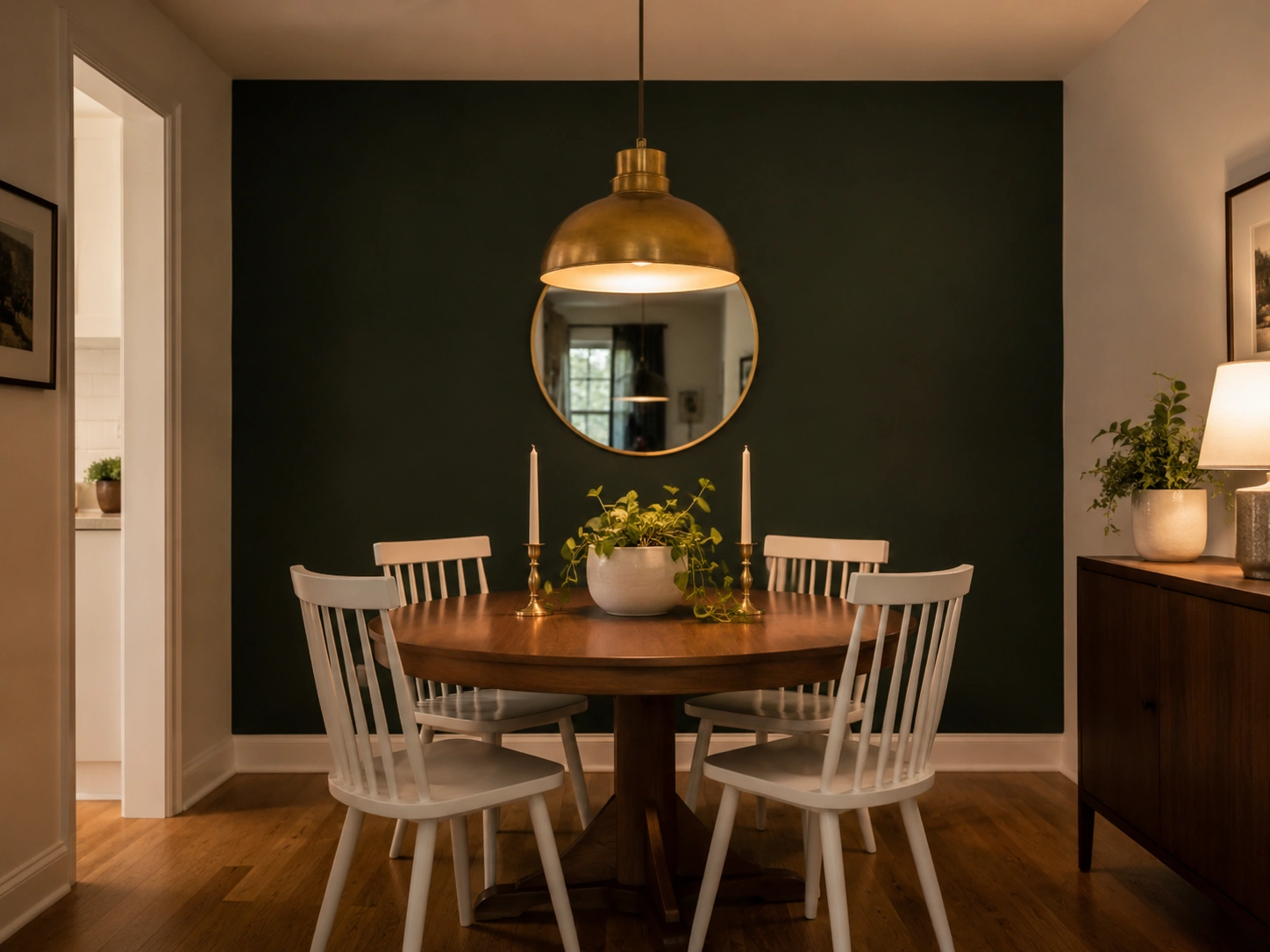 Small dining room with forest green accent wall, round walnut table, white chairs and brass pendant light.