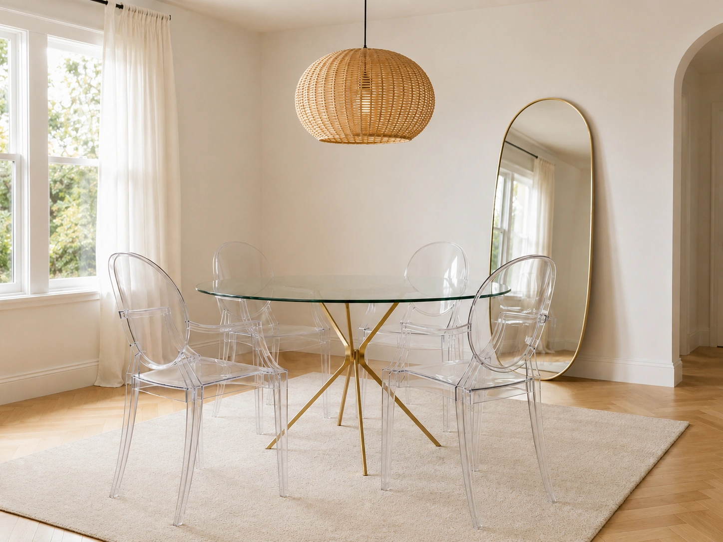 Small dining room with round glass table, acrylic chairs, rattan pendant light, and gold floor mirror.