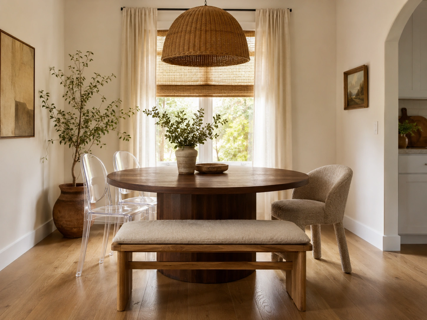 Small dining room with round walnut table, mixed seating, rattan pendant light, and linen curtains.