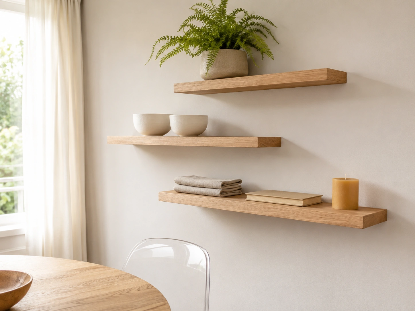 Light oak floating shelves with fern, bowls, folded linens and candle above a small dining table.