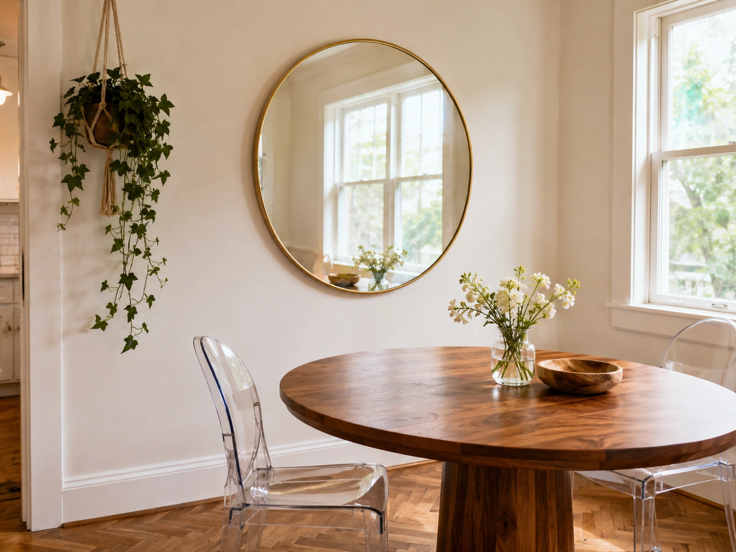 Small dining room with round brass mirror, walnut table, clear ghost chairs, hanging ivy and natural light.