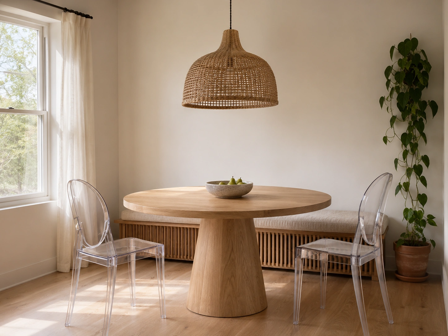 Small dining room with round oak table, acrylic ghost chairs, rattan pendant, bench seating, and trailing plant.