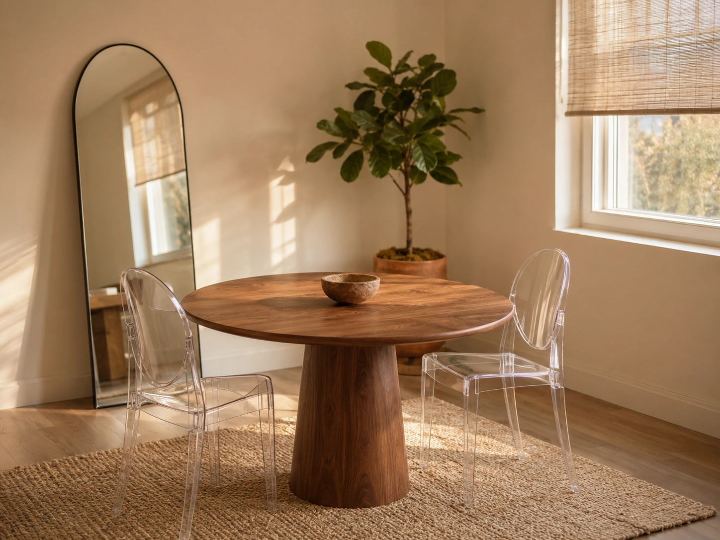 Small dining room with a round walnut table, clear ghost chairs, jute rug, tall mirror, and fig tree.