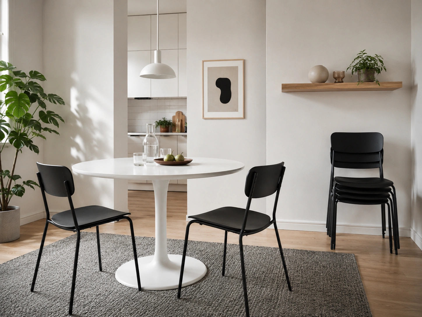 Small dining room with a round white table, black stackable chairs, gray rug, wood shelf, and indoor plants.