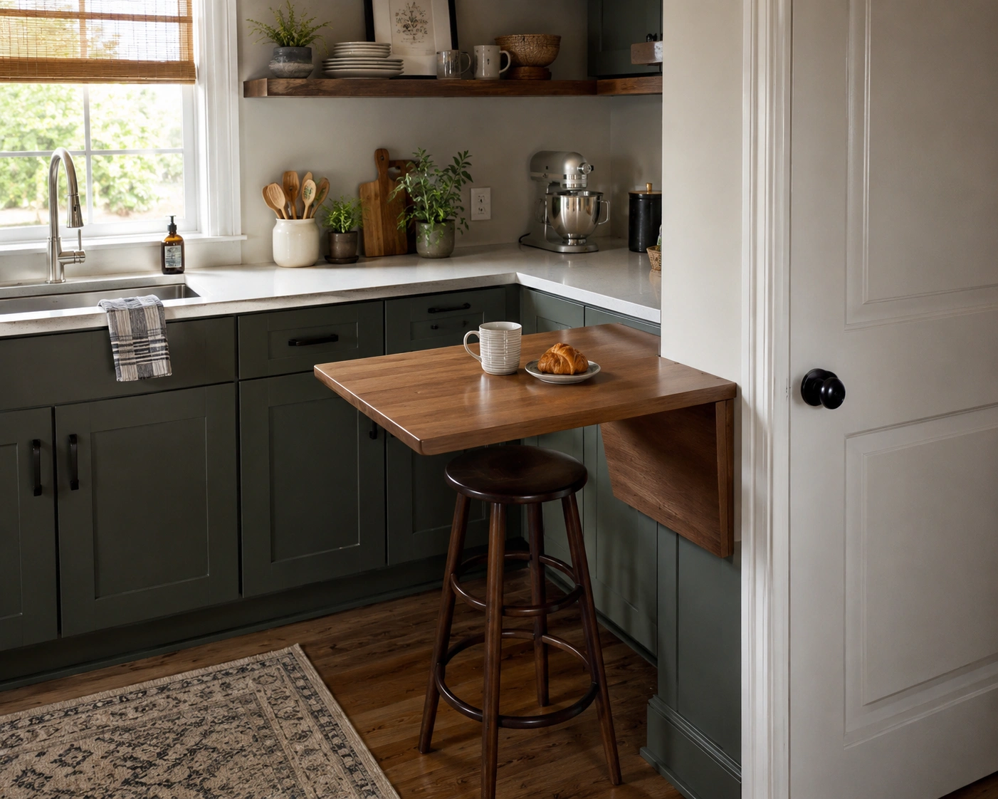 Small kitchen with a wood drop-leaf counter extension in the inside corner for extra prep and dining space.