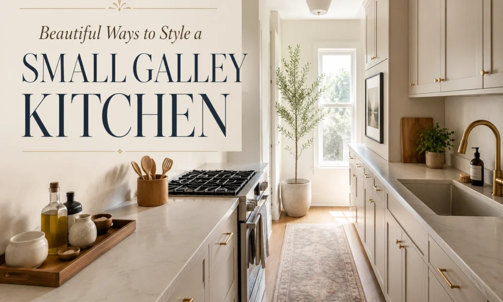 Small galley kitchen with cream cabinets, brass hardware, runner rug, and sunlight from a back window.