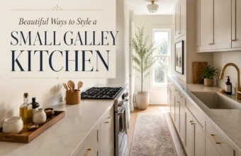Small galley kitchen with cream cabinets, brass hardware, runner rug, and sunlight from a back window.