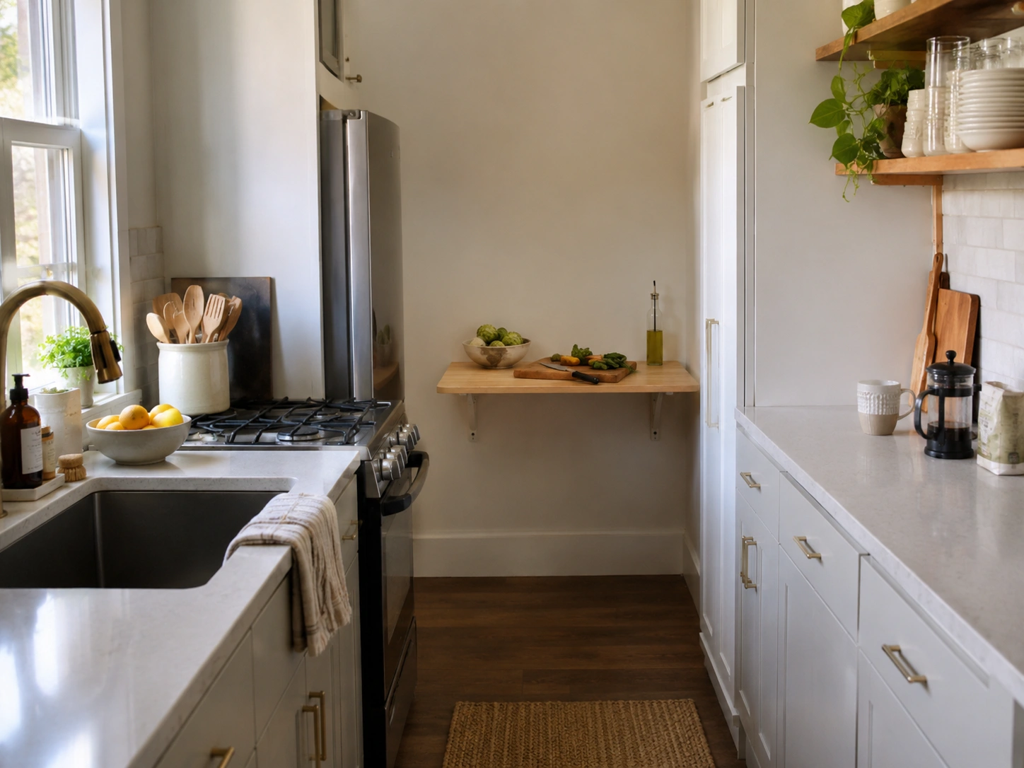 Small galley kitchen with a mirrored backsplash on one wall, reflecting light beside white cabinets and wood shelves.