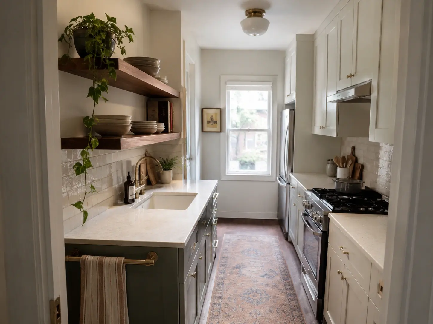 Small galley kitchen with walnut open shelves, sage lower cabinets, white tile backsplash, and practical dish storage.
