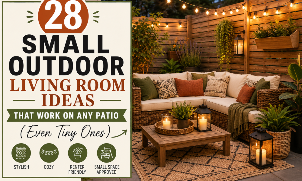 Cozy small outdoor living room with sofa, string lights, plants, rug, and lanterns.