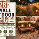 Cozy small outdoor living room with sofa, string lights, plants, rug, and lanterns.