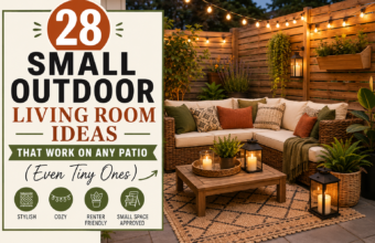 Cozy small outdoor living room with sofa, string lights, plants, rug, and lanterns.