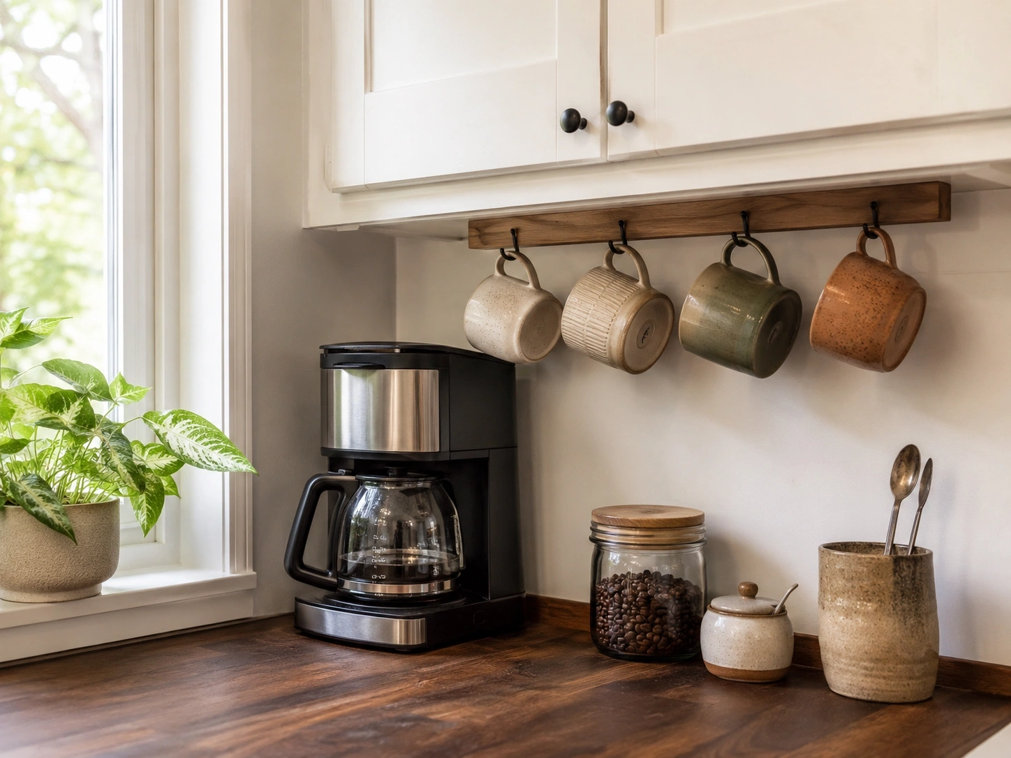 Small pantry nook coffee station with drip coffee maker, hanging mugs, wood countertop, jars, and plant by window.