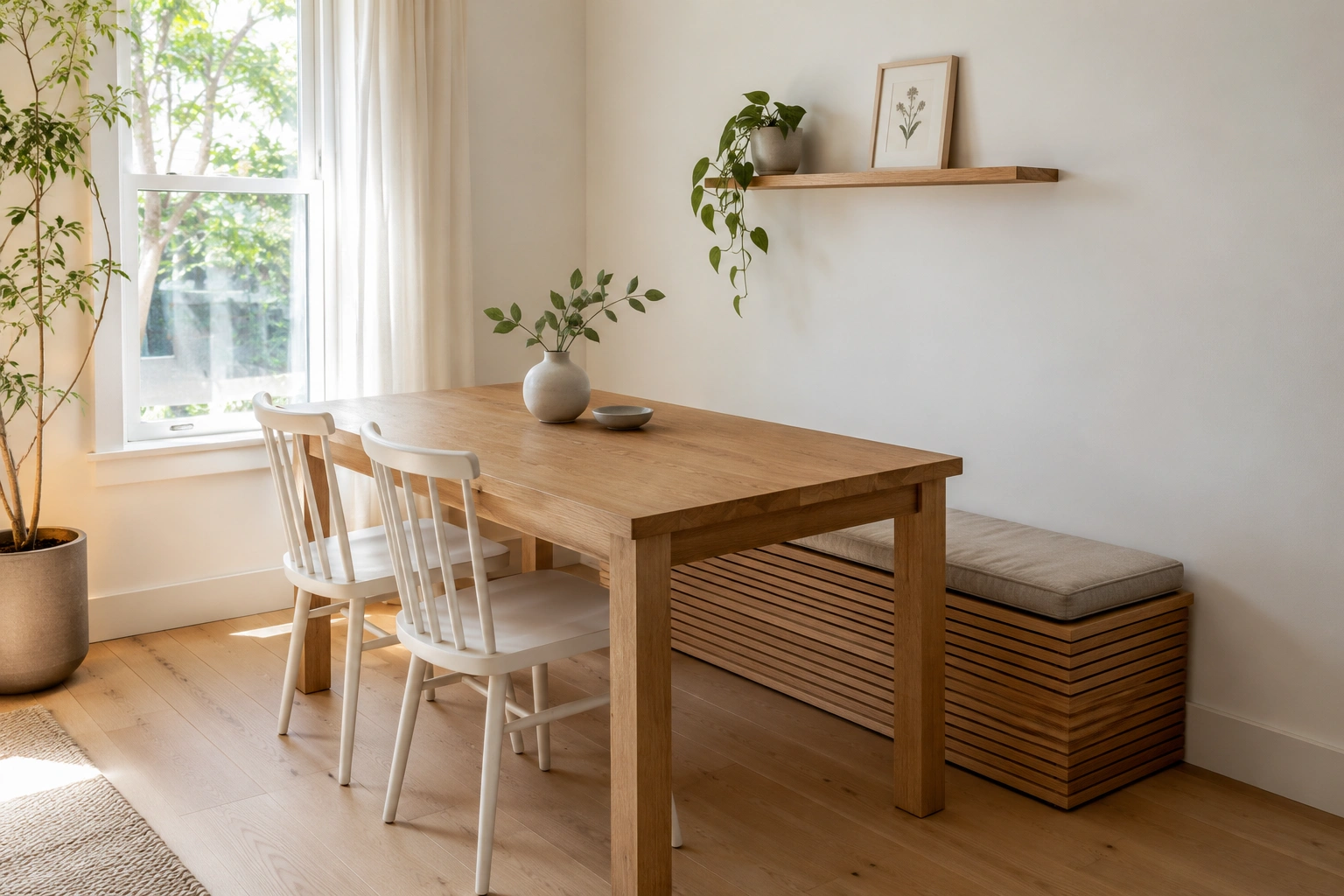 Small Scandinavian dining room with oak table, white chairs, slatted bench, plants, and natural daylight.