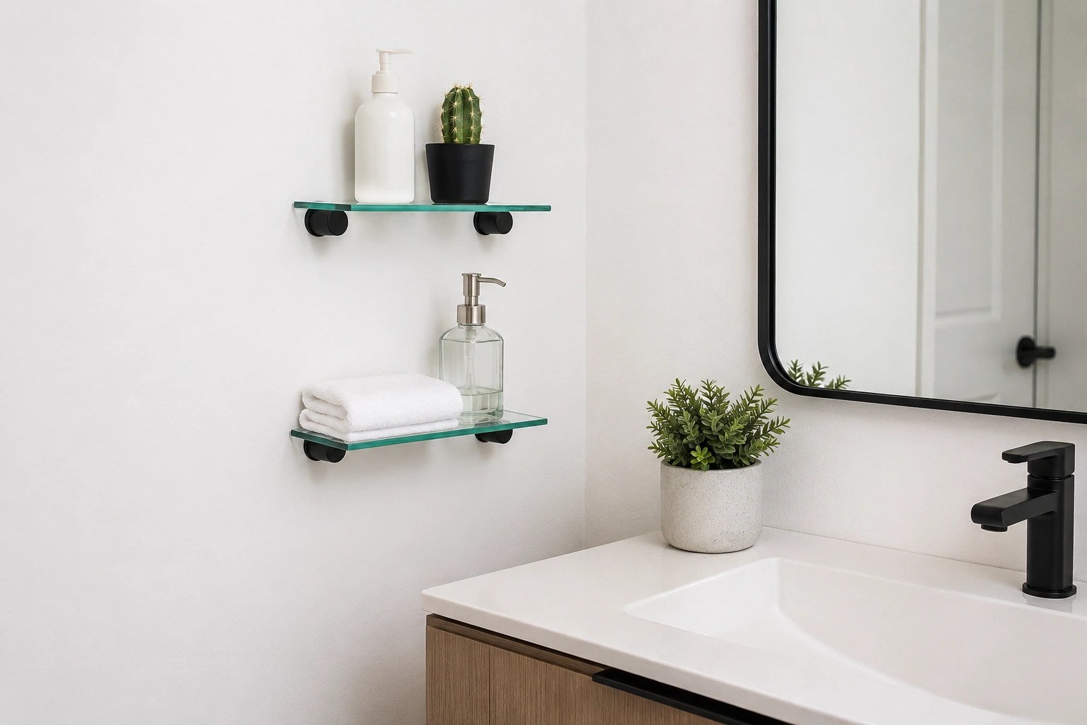 Small tempered glass corner shelves with black brackets beside a modern bathroom vanity.