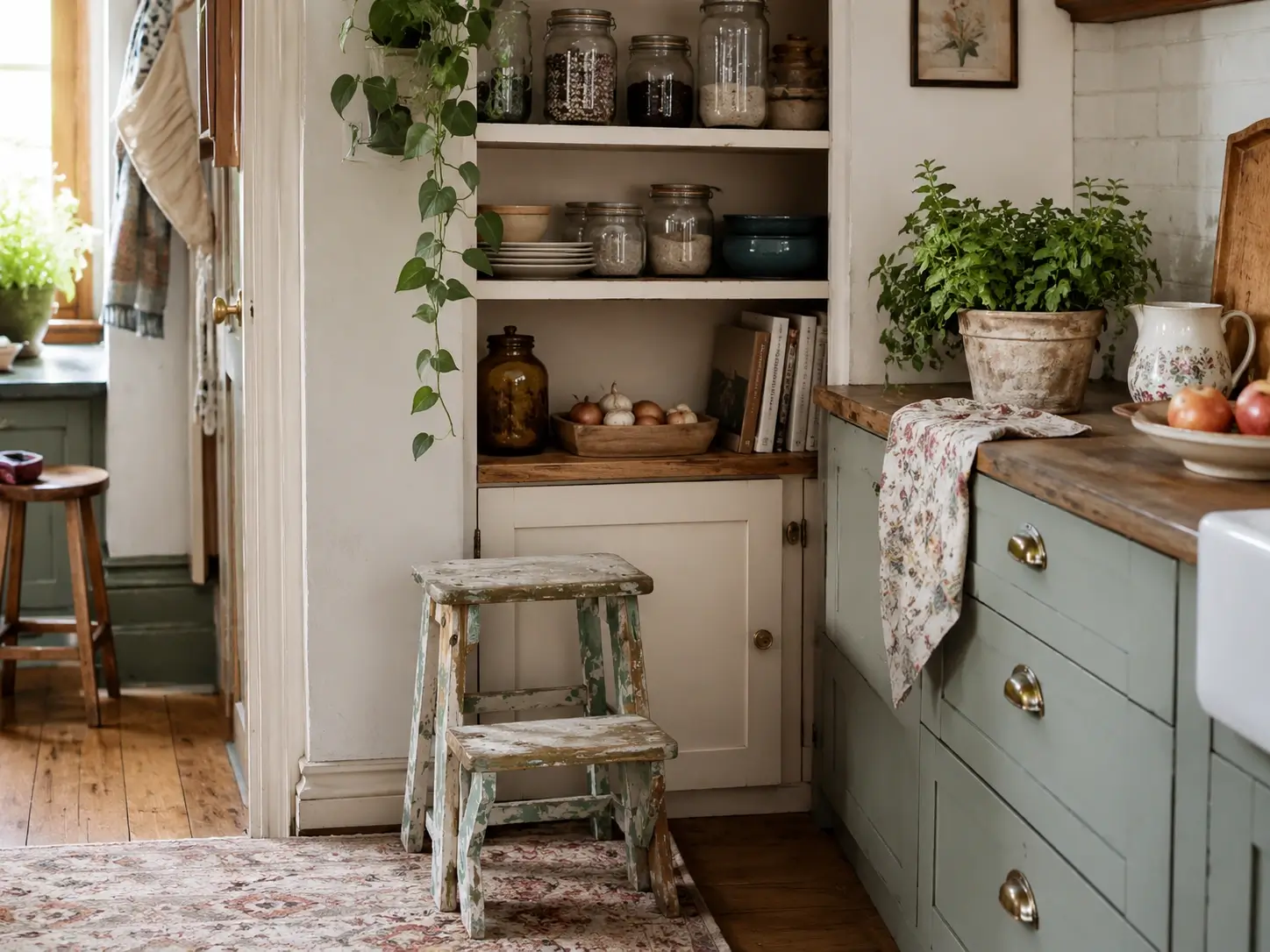 Small distressed wooden step stool adding functional charm beside open shelves in a cottage-style kitchen.