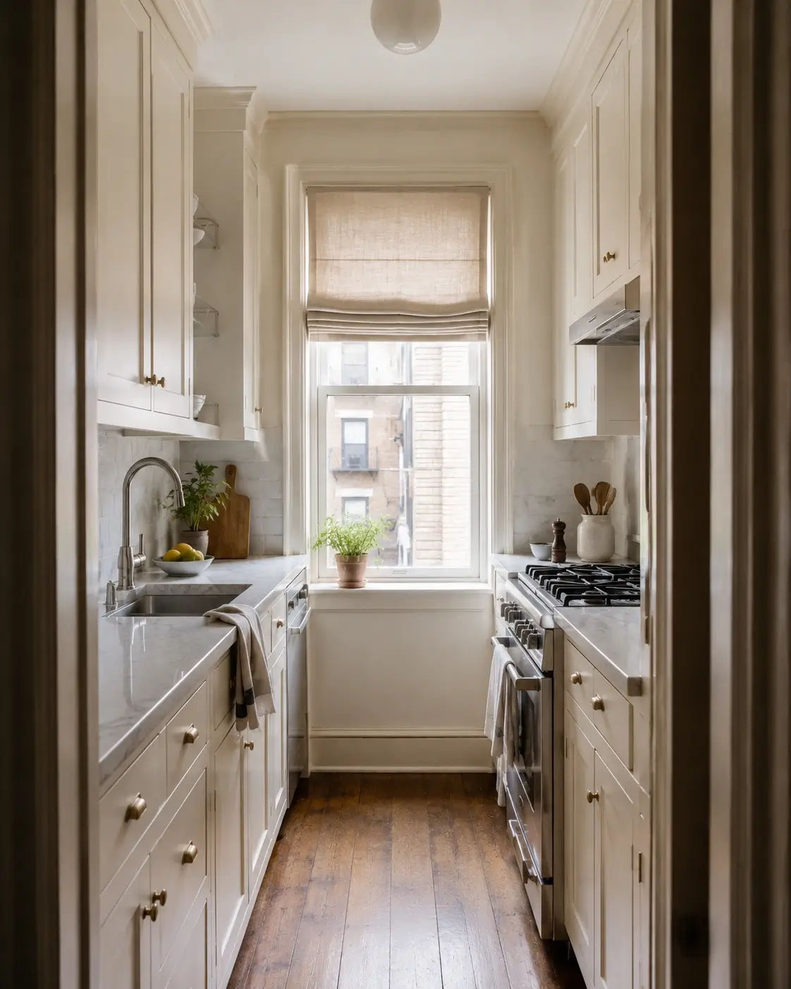 Soft Roman shade frames the end window in a narrow cream galley kitchen with marble counters