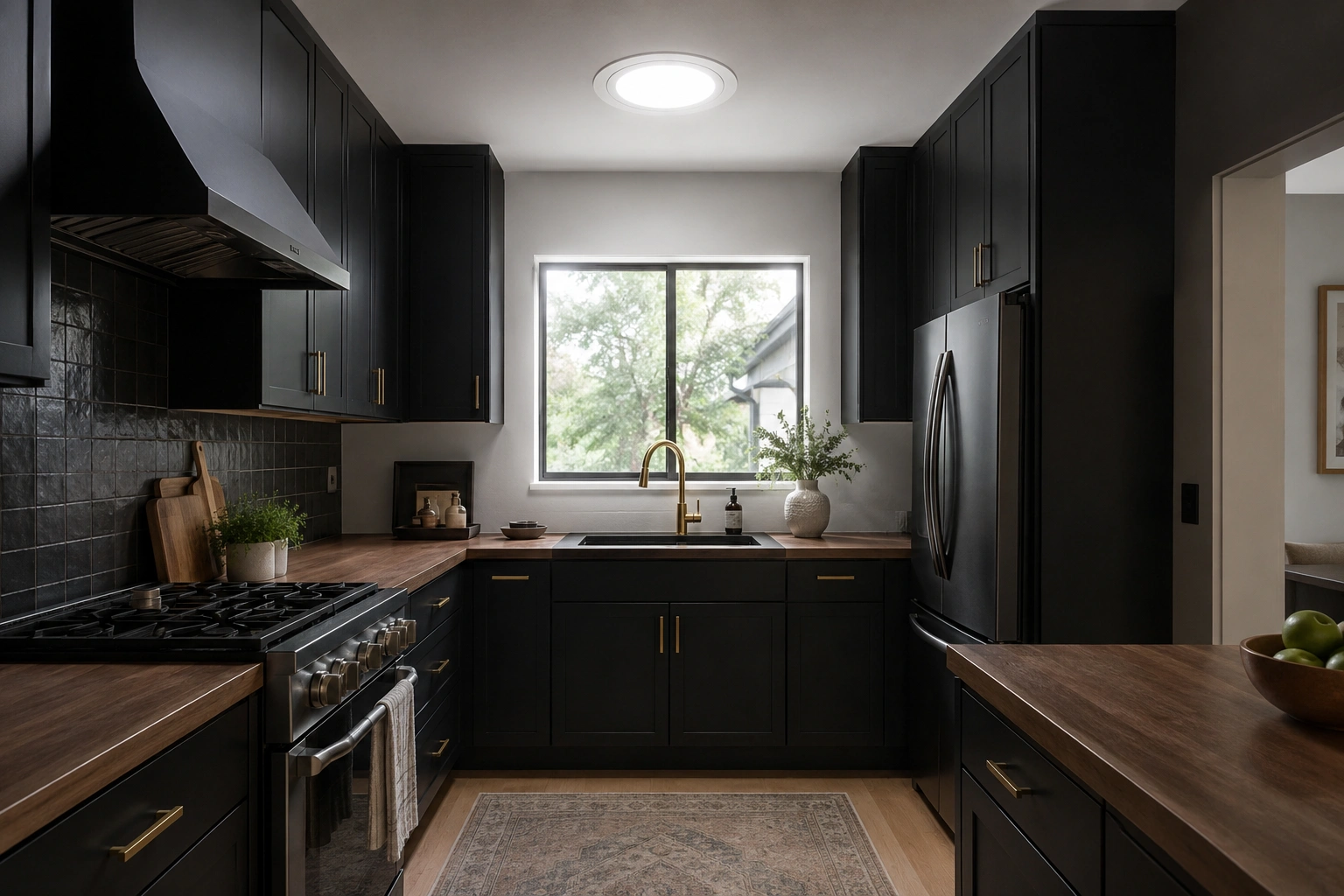 Black kitchen with wood countertops and a solar tube-style ceiling light brightening the spaceBlack kitchen with wood countertops and a solar tube-style ceiling light brightening the space