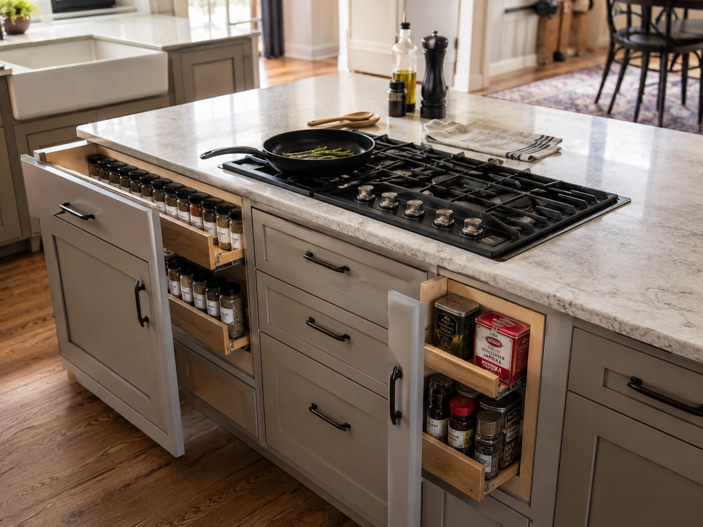 Kitchen island cooktop with slim spice pull-out drawers on both sides.