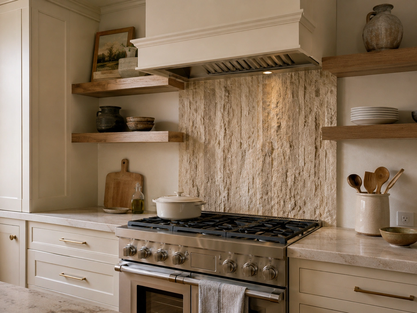 Split-face travertine range wall with cream cabinets, wood shelves, brass hardware, and a stainless range.