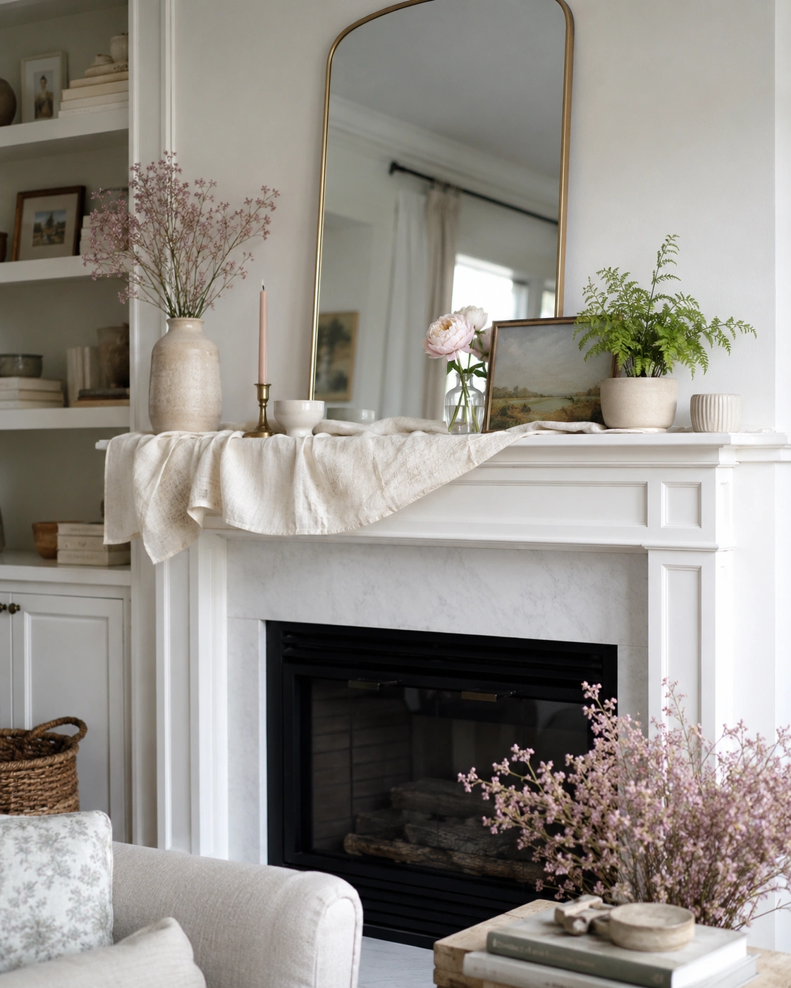 Spring summer mantel with gold mirror, pale neutral linen, soft botanicals, fern, and vintage art.