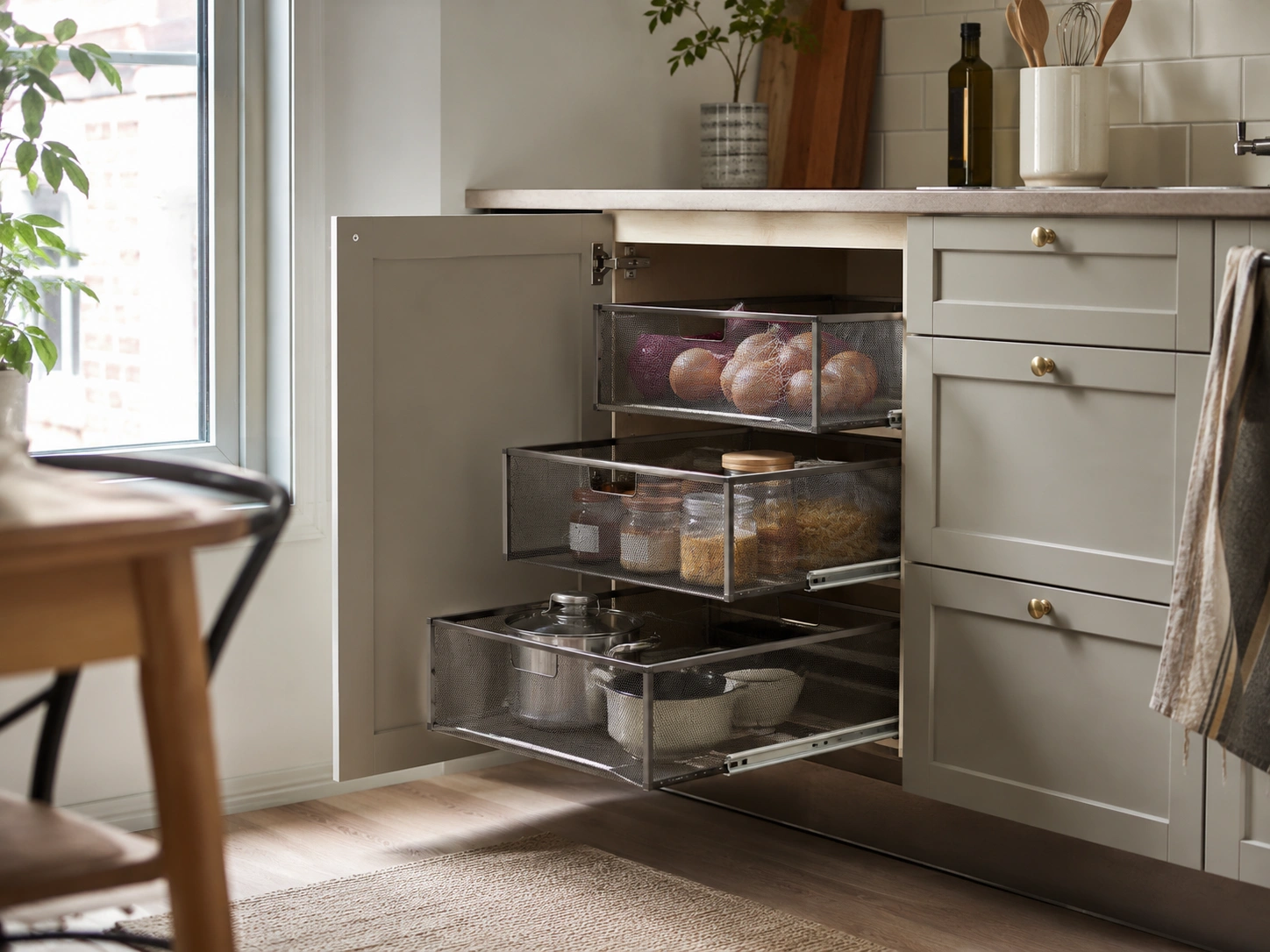 Stackable pull-out bins inside lower kitchen cabinets storing onions, jars, and cookware