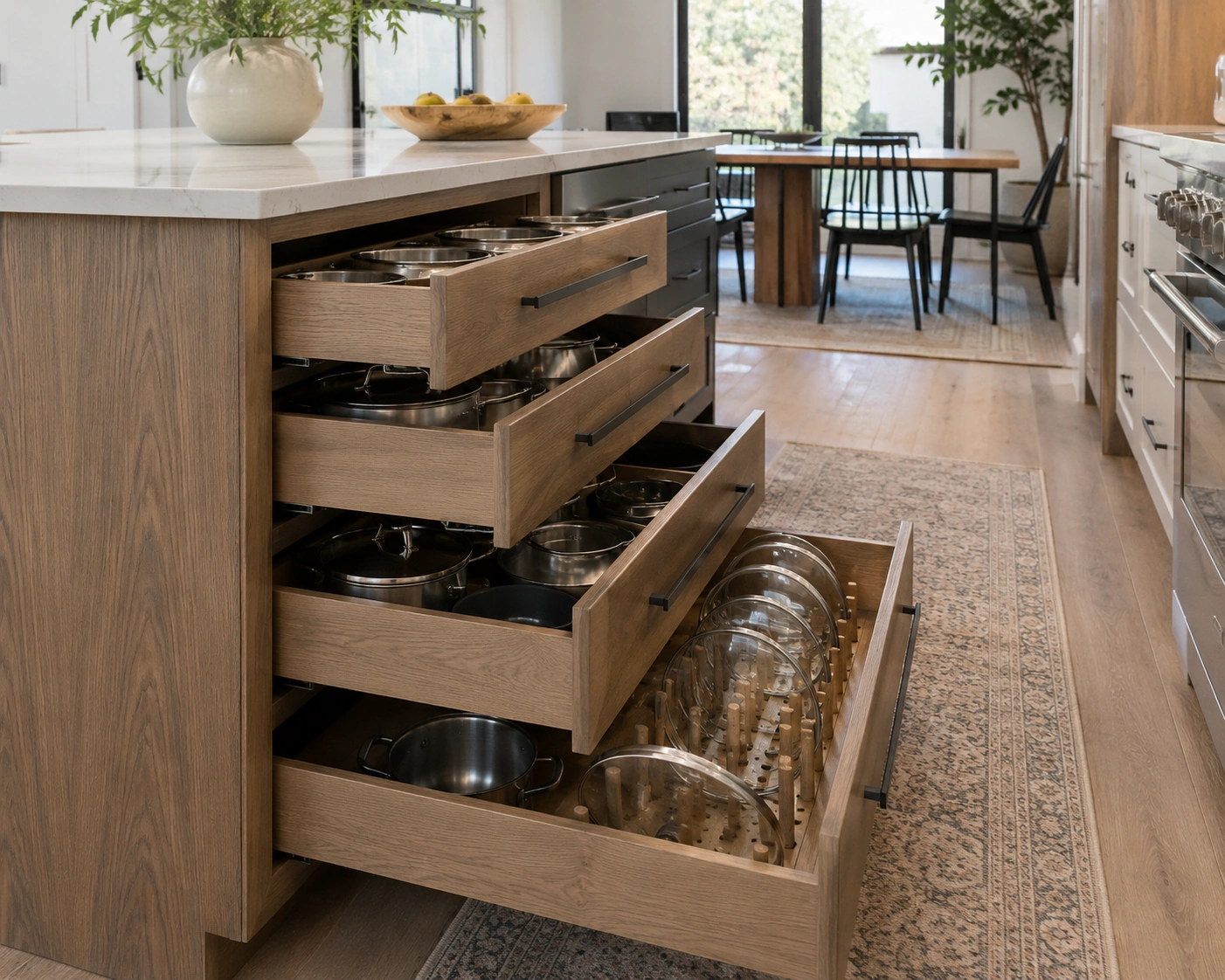Stacked deep drawers in a kitchen island storing pots, pans, lids, and cookware.