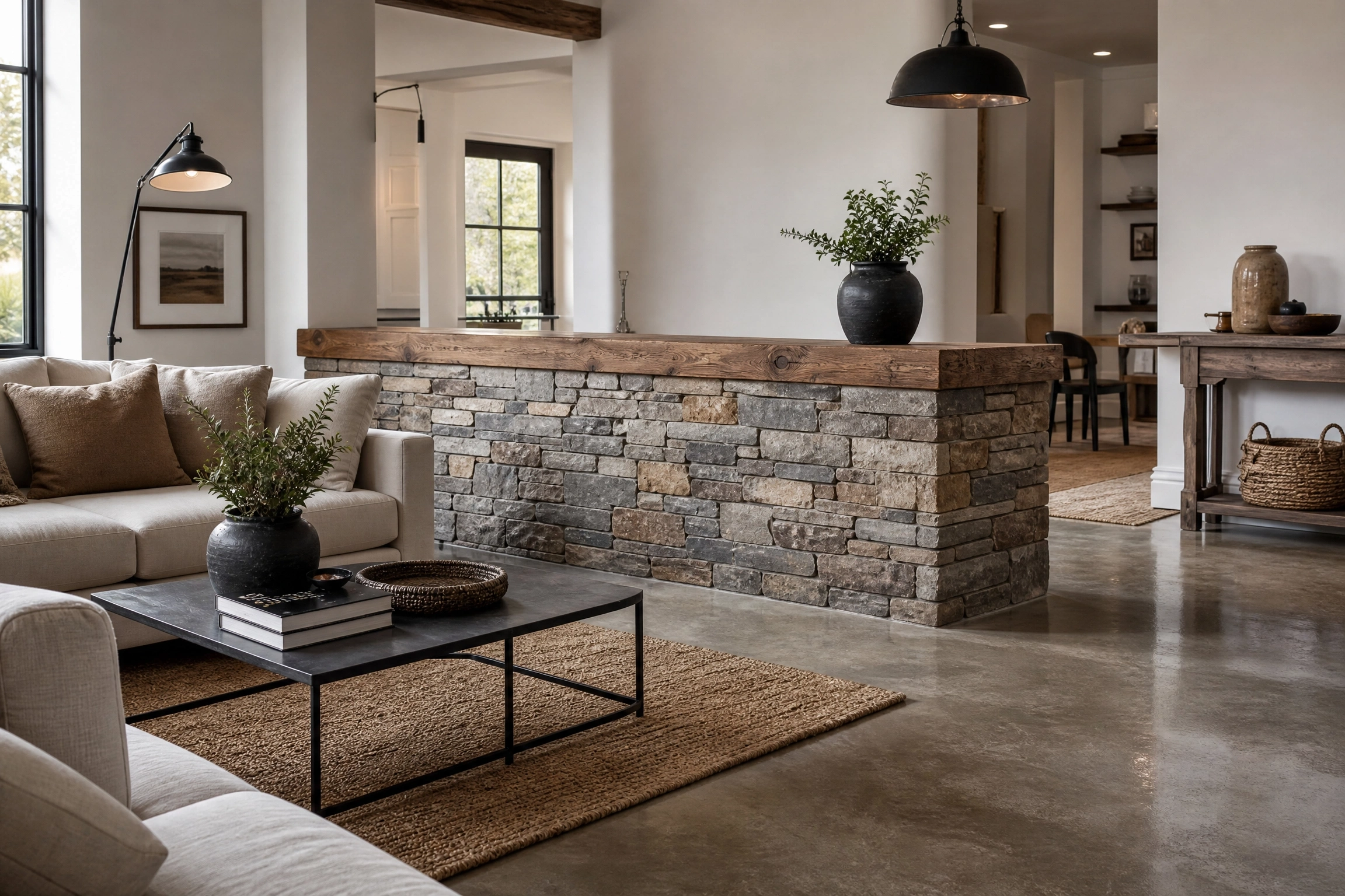 Rustic-modern living room with stacked stone veneer half-wall divider and reclaimed wood cap.
