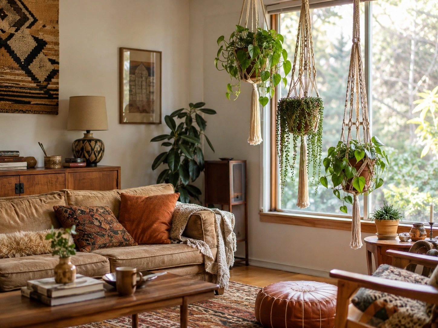 Macramé plant holders hung at staggered heights beside a sunny boho living room window.