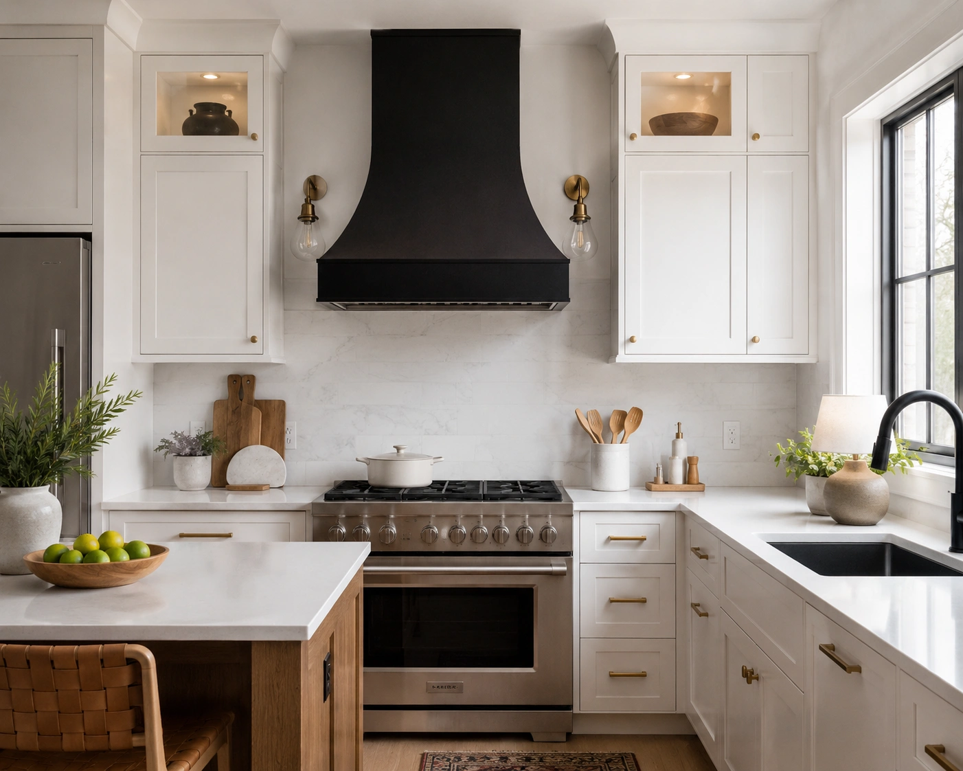 White kitchen with a statement black range hood, brass sconces, and light wood island.