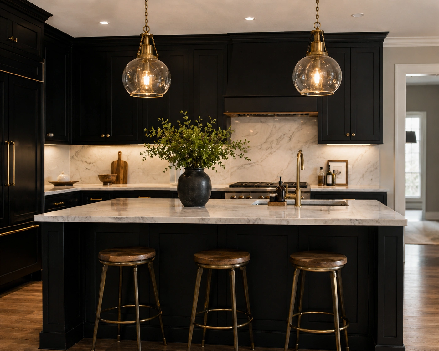 Brass-and-glass pendant lights over a black kitchen island with marble countertop
