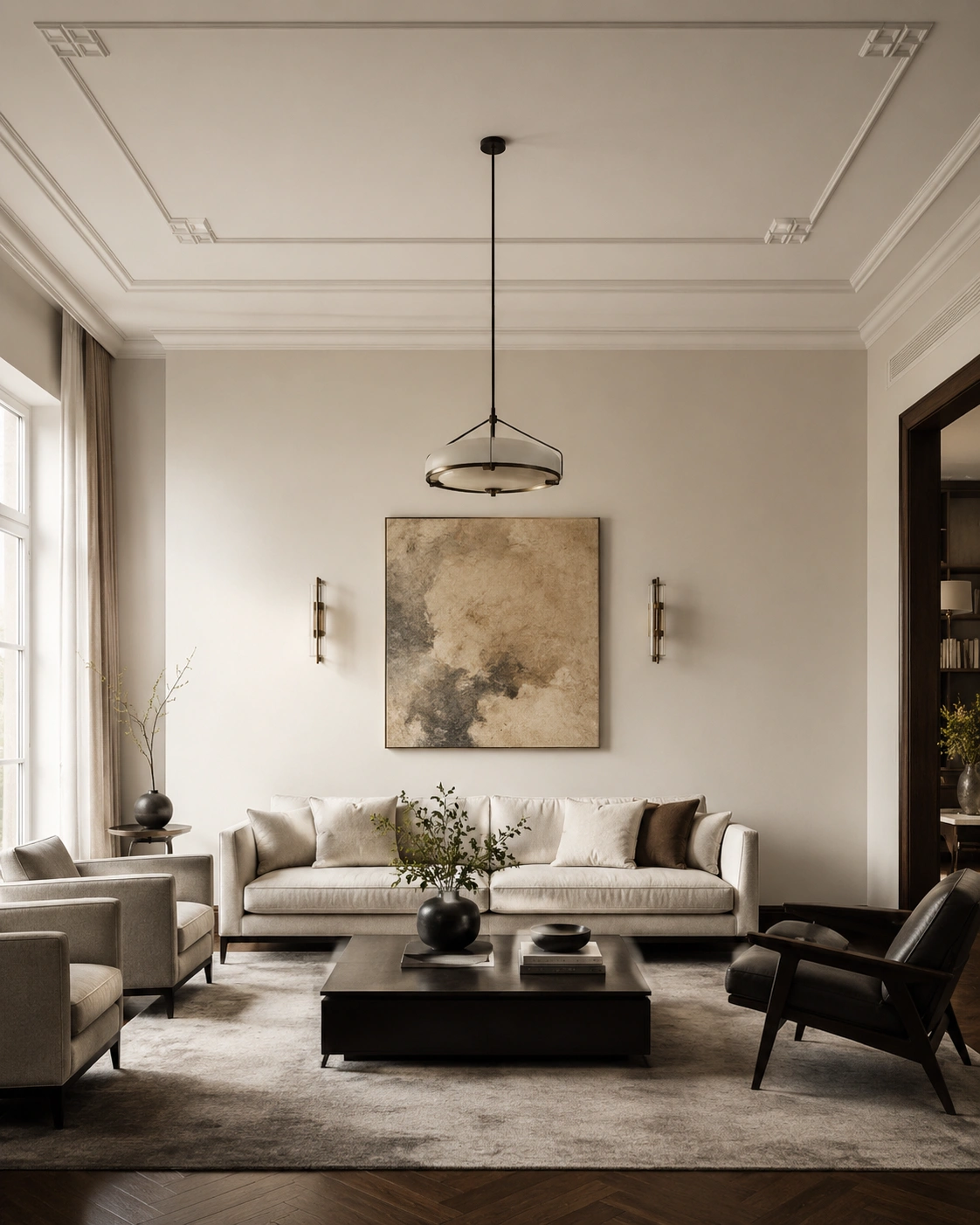Modern living room with statement plaster molding ceiling, pendant light, cream sofa, and abstract wall art.