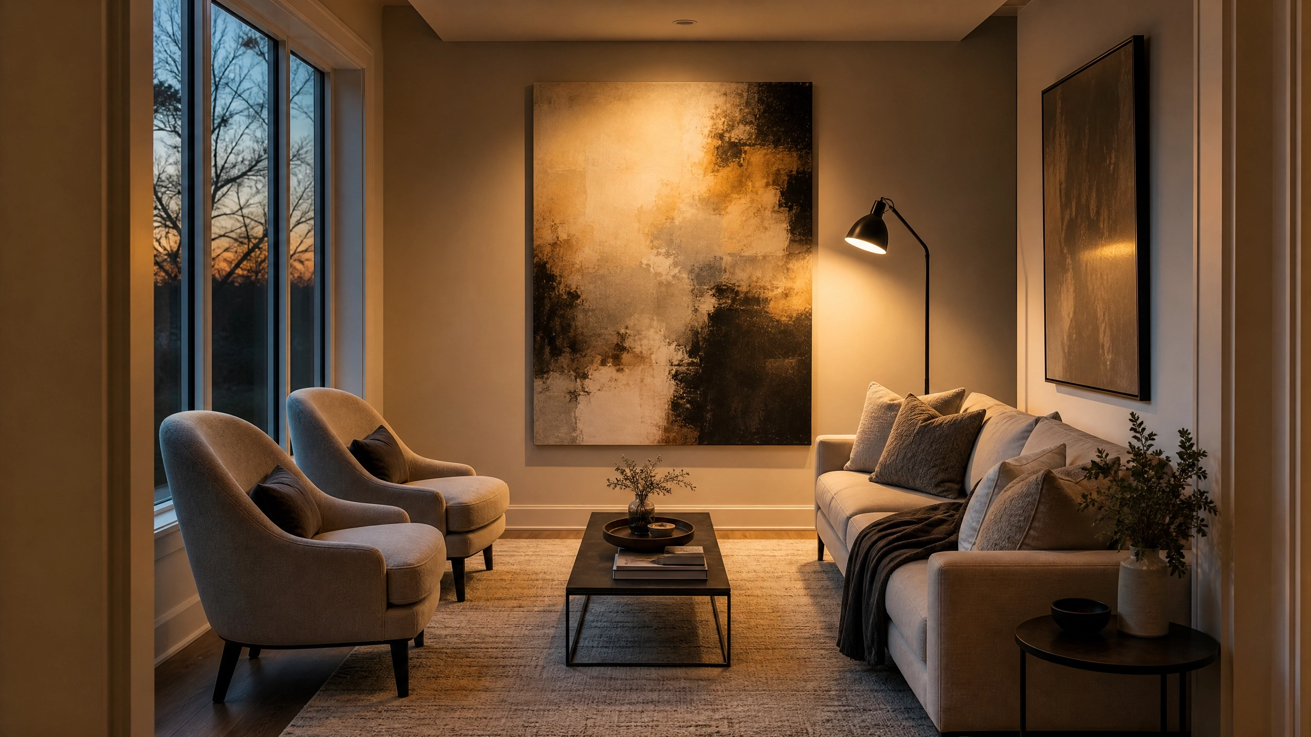 Living room arranged around oversized abstract wall art as a dramatic statement focal point.