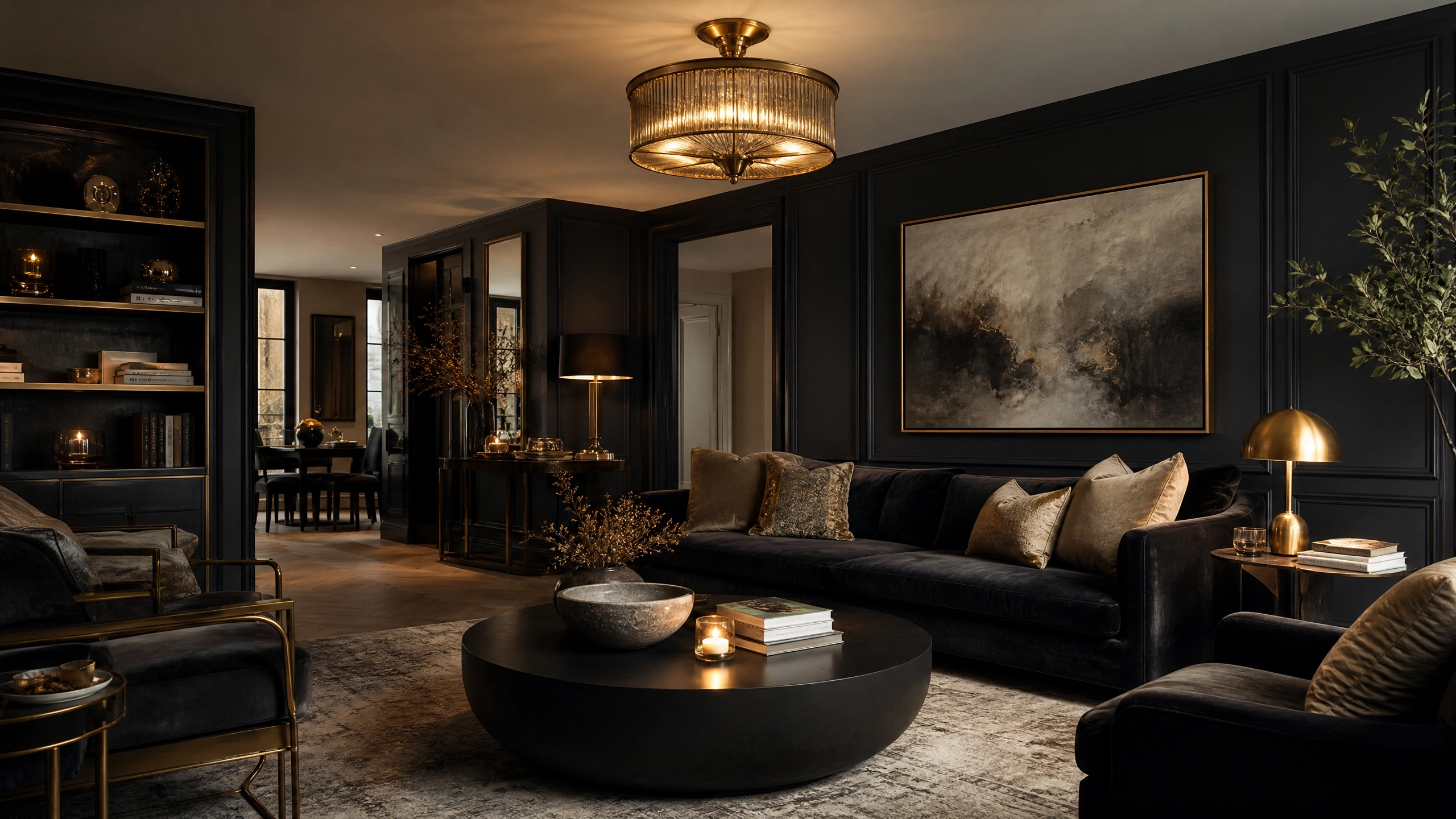 Statement gold chandelier over a black coffee table in a moody luxury living room.