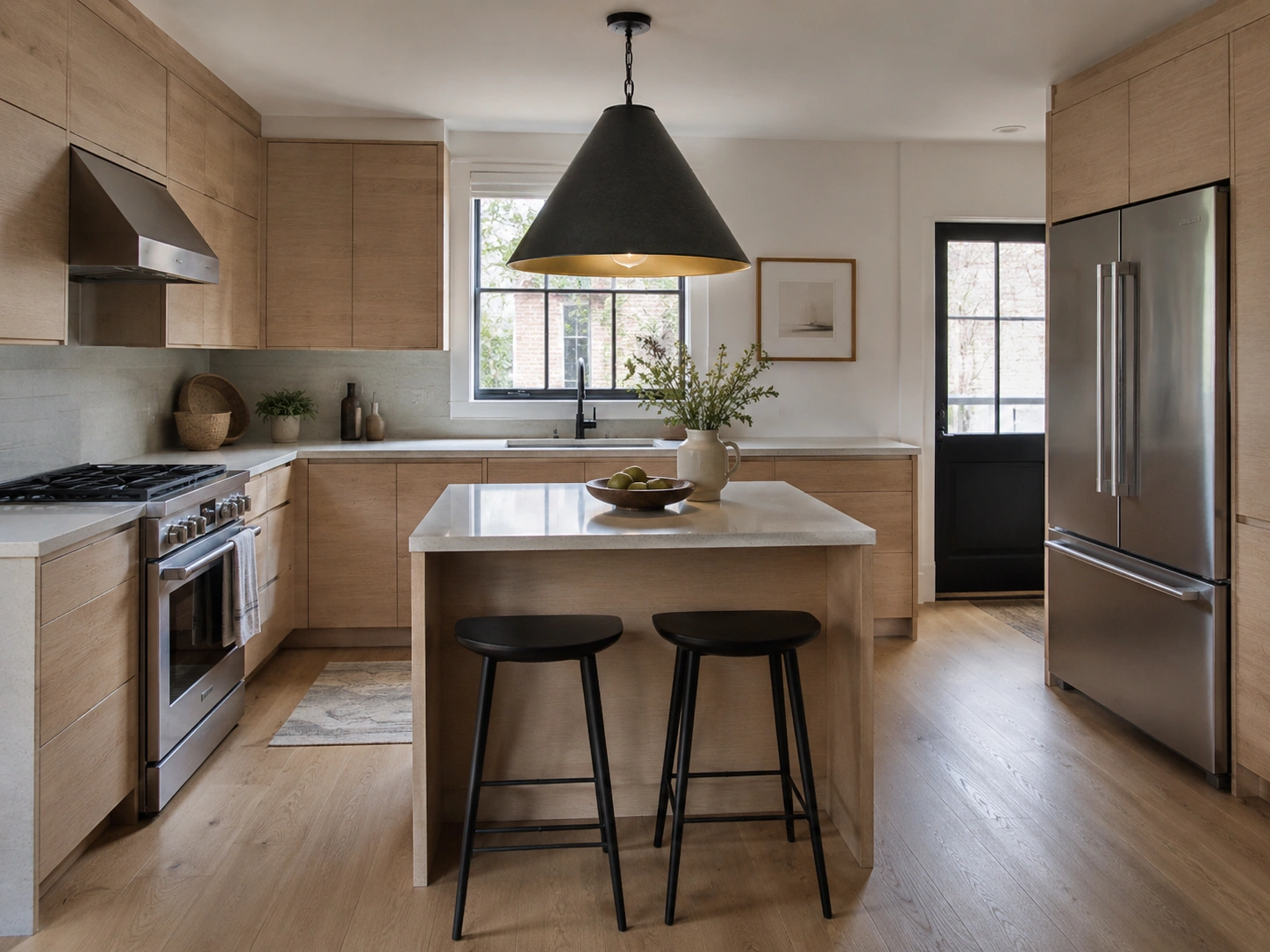 Alt text: Small wood kitchen island with one oversized black cone pendant light and two black stools.